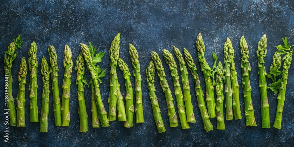 Poster vibrant green asparagus arranged in a linear format against a textured dark blue background showcasi