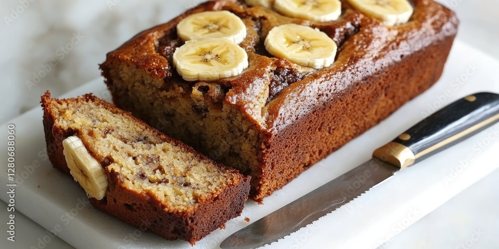 Poster banana bread loaf topped with banana slices on a white cutting board with a knife on the side, brown