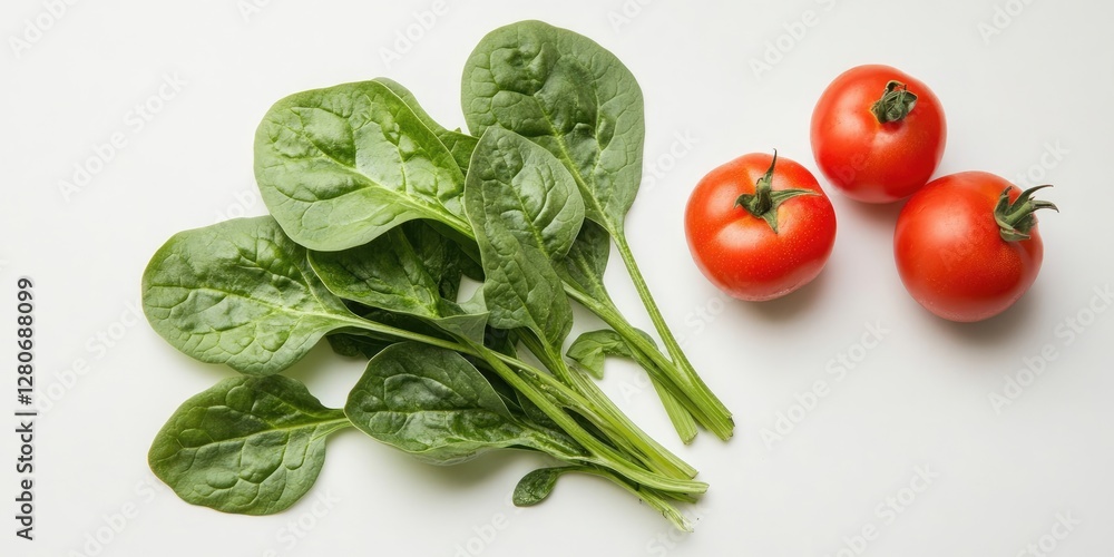Poster fresh spinach leaves next to three ripe red tomatoes arranged on a light background showcasing vibra