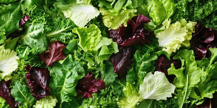 Assorted fresh leafy greens including romaine, kale, and butter lettuce in shades of green and red arranged in a vibrant flat lay composition.