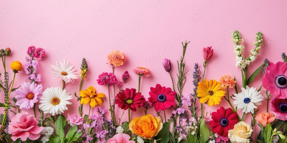 Aufkleber colorful garden flowers in vibrant hues arranged in a row against a soft pink backdrop with plenty o