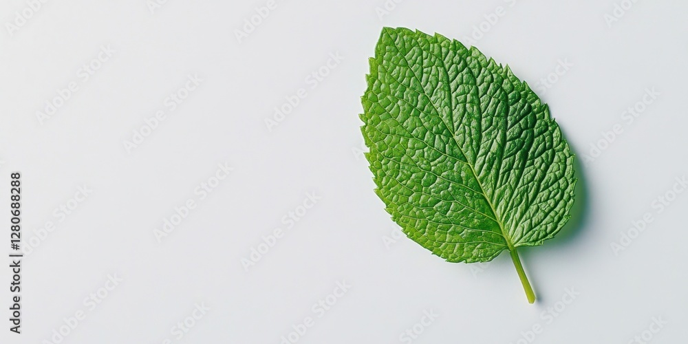Poster vibrant green mint leaf positioned on a clean white background emphasizing its delicate texture idea