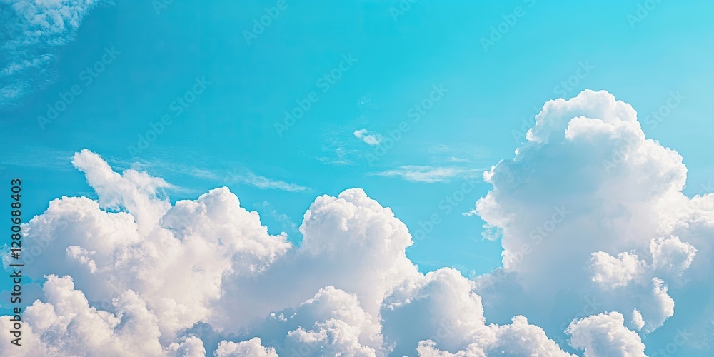 Poster bright blue sky with soft fluffy white clouds scattered across the upper half, creating a serene and