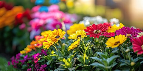 Fototapeta premium Vibrant garden scene featuring a variety of colorful flowers including yellow, pink, and red daisies, with soft background blur of mixed blooms.