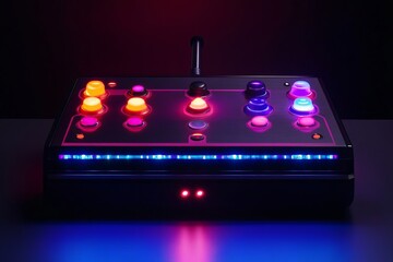 Colorful arcade controller illuminated with vibrant lights in darkness