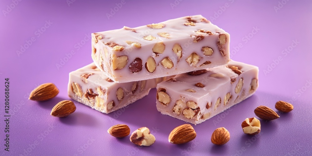 Poster festive nougat bars stacked on a lilac backdrop surrounded by almonds featuring a textured surface s