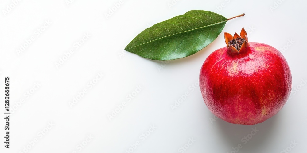 Poster Ripe red pomegranate and glossy green leaf arranged on a clean white background capturing ample negative space for text and design use.