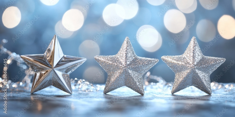 Leinwandbilder Shimmering silver stars in foreground with blurred blue and gray bokeh background creating a dreamy atmosphere ideal for creative projects