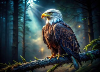 Fototapeta premium Night vision captures a predatory eagle's silhouette, talons sharp against the shadowy, mysterious depths of the forest.