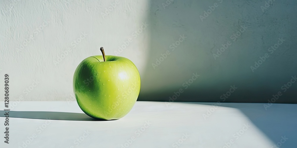 Poster Green apple placed on a light-colored surface with soft shadowing against a minimalist white background, capturing freshness and simplicity.