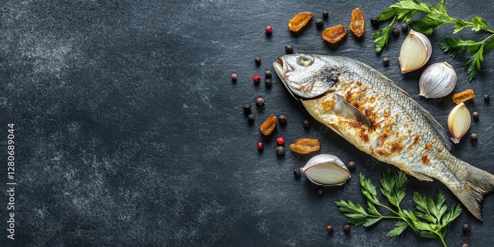 Poster fried fish on a dark slate surface with crispy garlic, herbs, and spices arranged artistically, prov