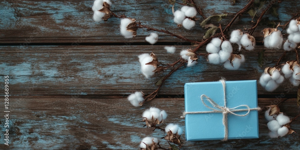 Poster delicate white cotton blossoms arranged near a teal gift box on rustic wooden planks with ample open
