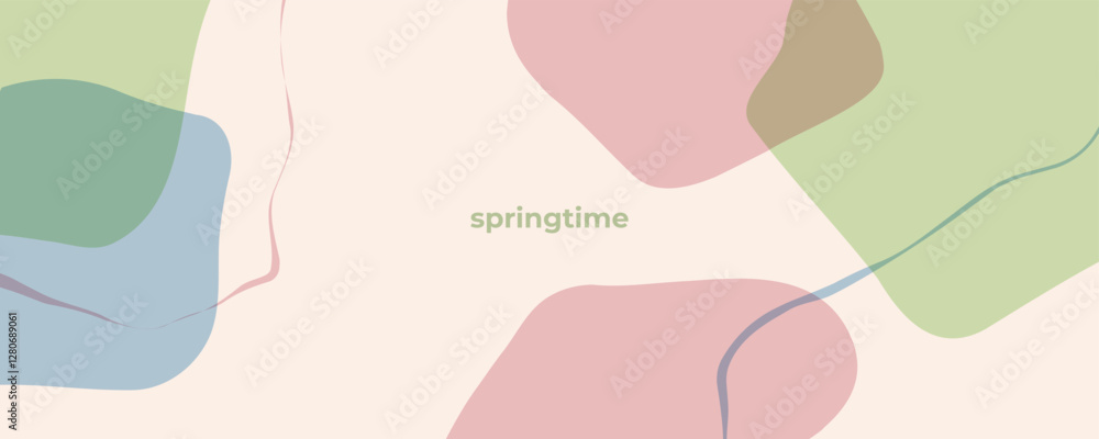 Poster Springtime background. Abstract background with various curved soft colored shapes and bent lines for Spring season creative graphic design. Vector illustration.