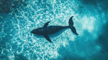 Obraz premium Aerial shot of an Omura's whale's shadow cast on the ocean floor