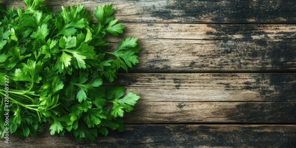 Aufkleber vibrant fresh green parsley laid on the left side of a rustic wooden table with rich dark tones crea