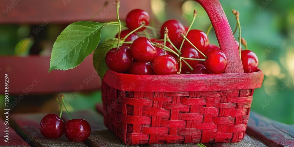 Poster vibrant red cherries elegantly displayed in a deep red woven basket with green leaves on a rustic wo
