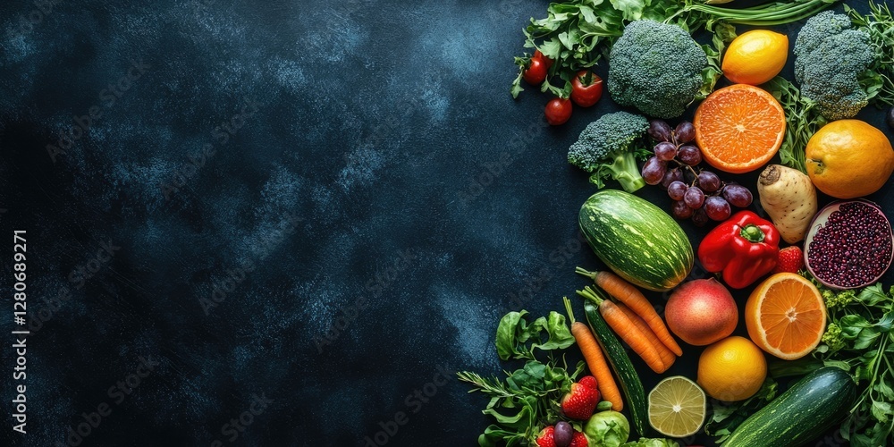Poster Colorful assorted fresh fruits and vegetables arranged in a vibrant display on a dark textured background with ample negative space for text.