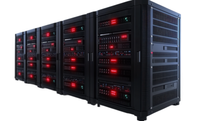 Black computer room chassis, flashing red lights