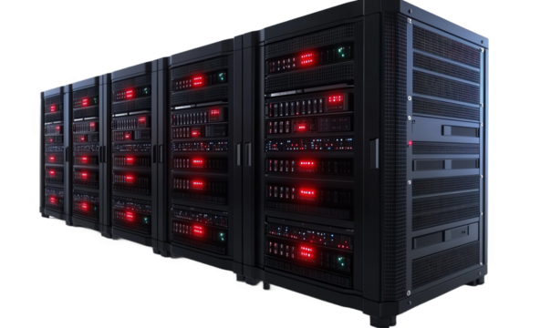 Black computer room chassis, flashing red lights