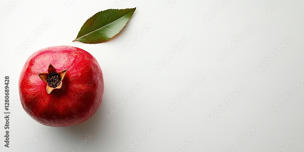 Aufkleber Ripe red pomegranate resting on a white background with a green leaf positioned above it creating ample negative space for text placement.