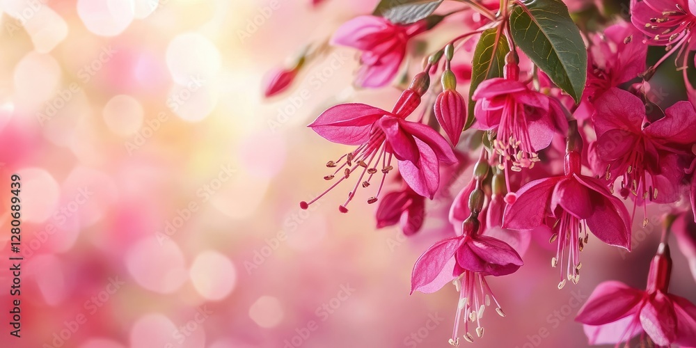 Aufkleber Vibrant fuchsia flowers with rich pink petals clustered to the right against a soft bokeh background in warm tones of pink and cream.