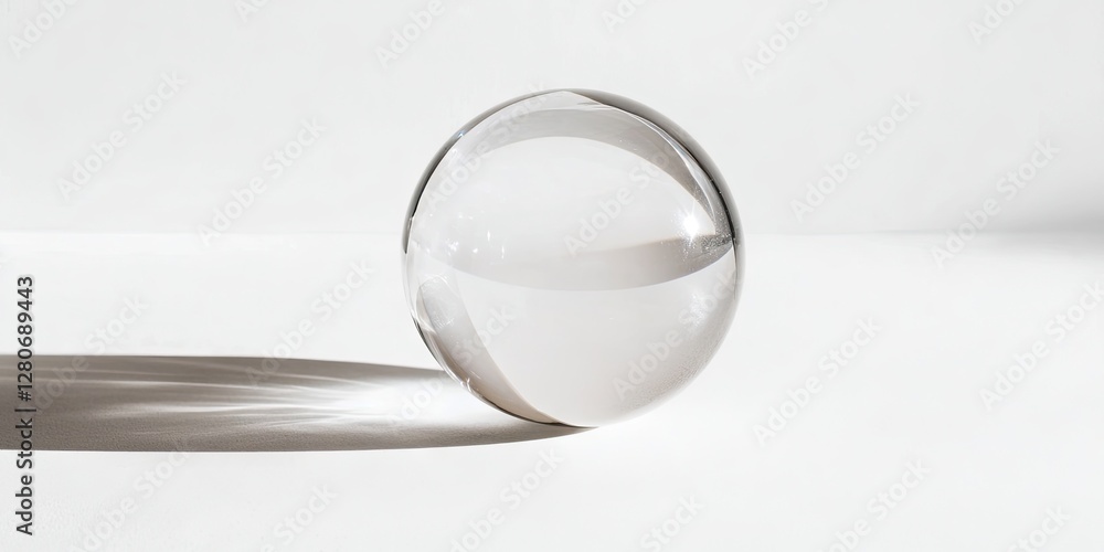 Leinwandbilder Clear glass sphere casting a soft shadow on a white surface with a gentle light reflection enhancing its smooth surface and contours.