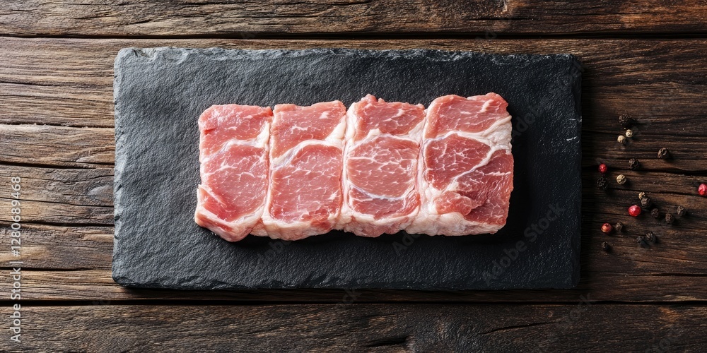 Poster fresh raw pork chops on a black slate board positioned centrally with wooden background and scattere