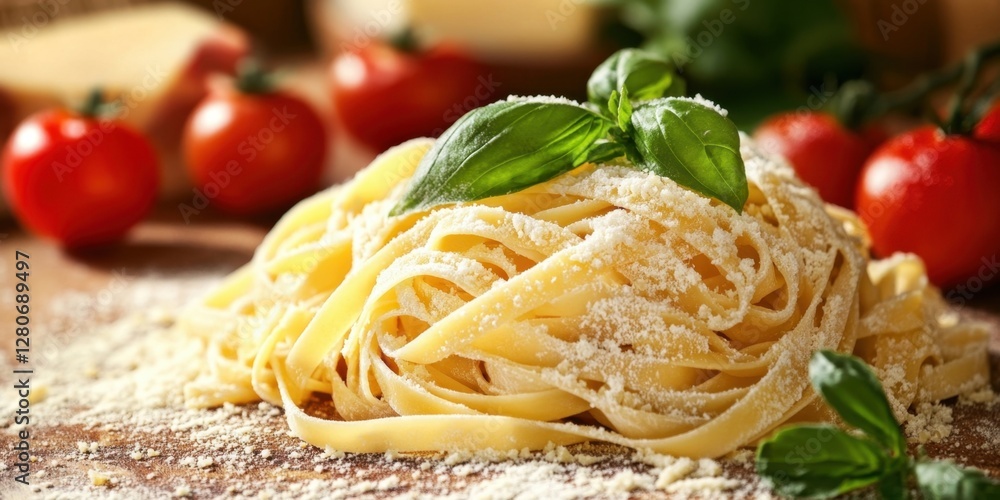 Poster close up of freshly made pasta with grated parmesan cheese topped with aromatic basil on a rustic wo