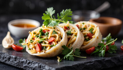 Gourmet stuffed pasta with herbs and tomatoes on slate board, culinary delight