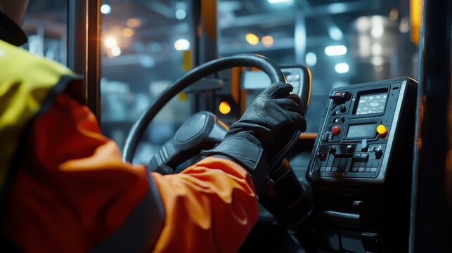 Forklift operator's hands gripping controls in a factory, showcasing precision and skill in machinery operation..