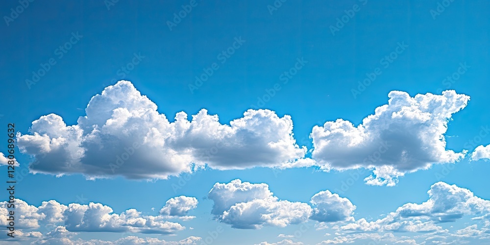 Poster fluffy white clouds scattered across a vibrant blue sky creating a serene daytime landscape with sof