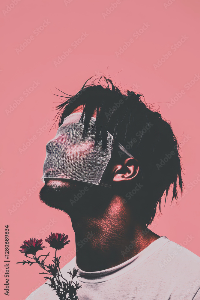 Poster exploring identity and expression: a portrait of modern lifestyle with a unique floral touch and mas