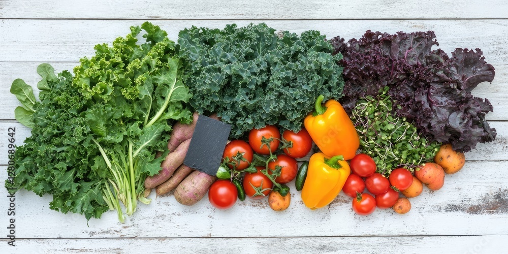 Poster colorful array of fresh vegetables including kale, sweet potatoes, tomatoes, broccoli, and peppers n