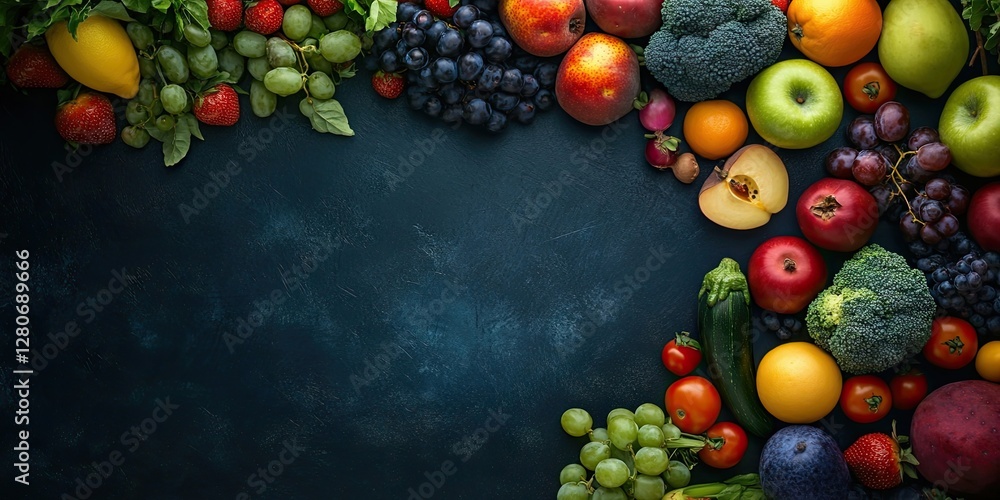 Aufkleber Colorful array of fresh fruits and vegetables in a vibrant mix arranged on a dark textured surface with ample blank space for text on the side.