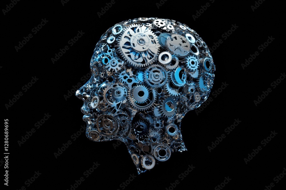 Fototapete human head filled with gears and cogs, illustrating the concept of artificial intelligence and techn