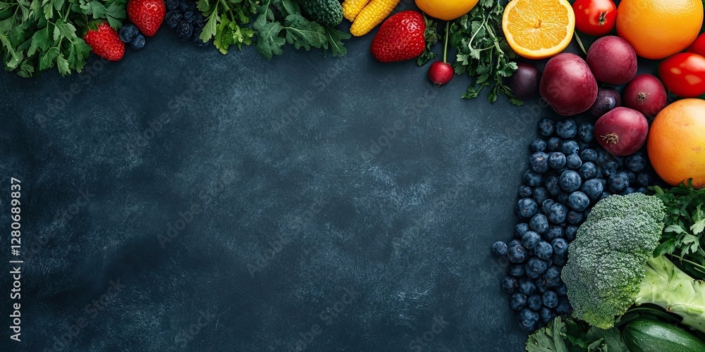 Aufkleber colorful array of fresh fruits and vegetables including oranges, berries, and greens positioned on a