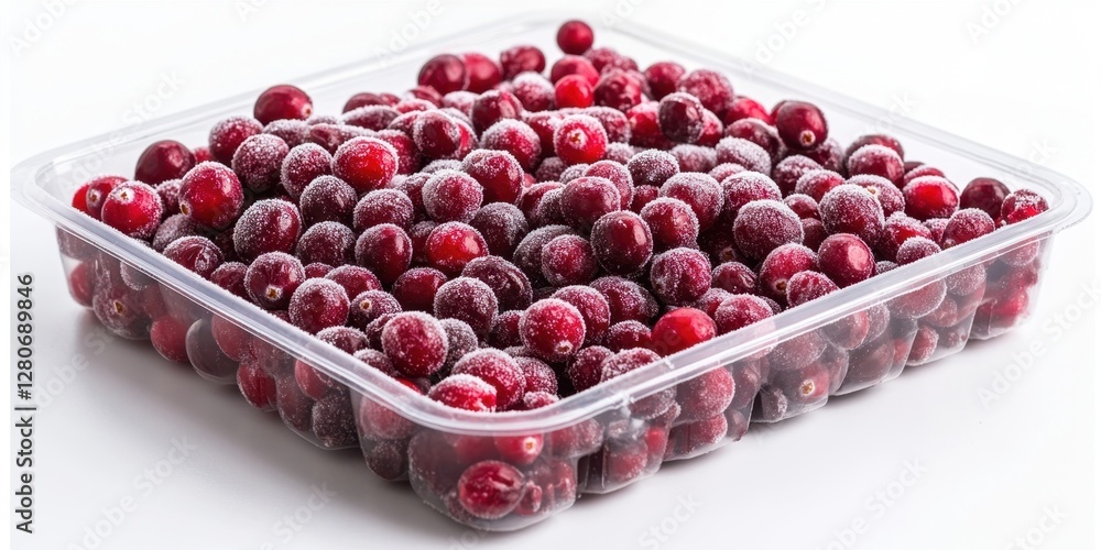 Aufkleber frozen cranberries in a clear plastic container on a white background showcasing vibrant red berries