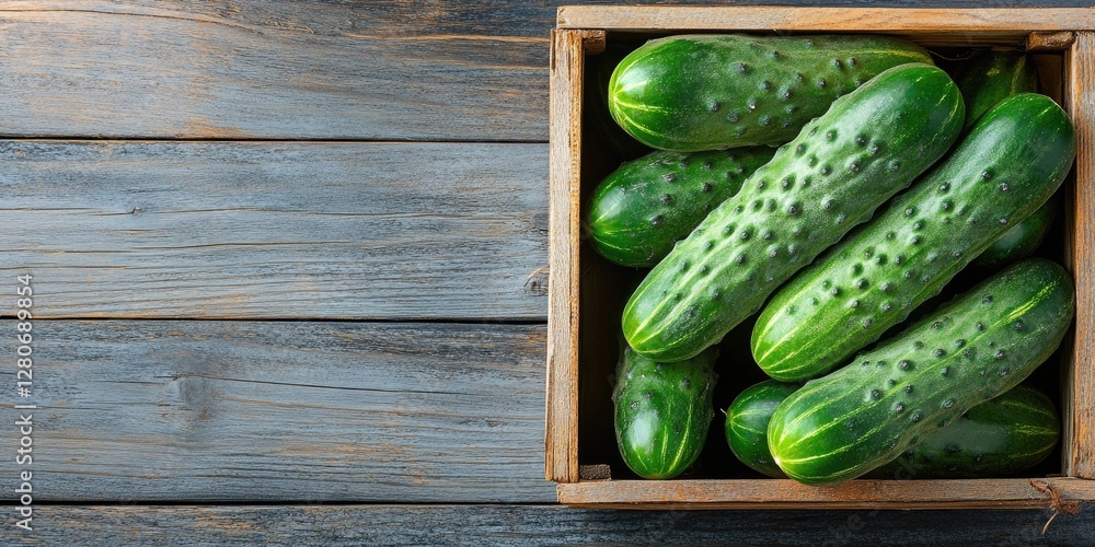 Aufkleber Fresh green cucumbers neatly packed in a rustic wooden box atop a textured wooden surface with ample space for text on the right side