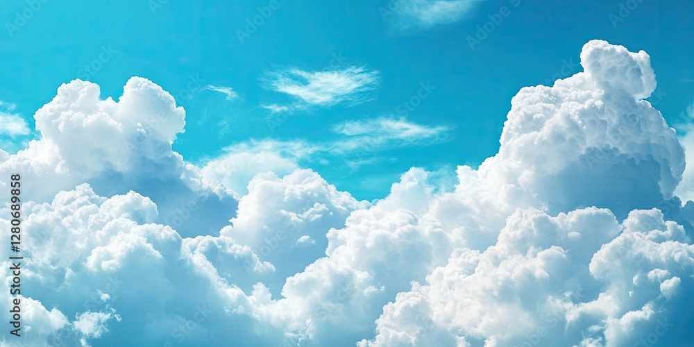 Leinwandbilder fluffy white cumulus clouds dominate the upper two-thirds of a bright turquoise sky with subtle wisp