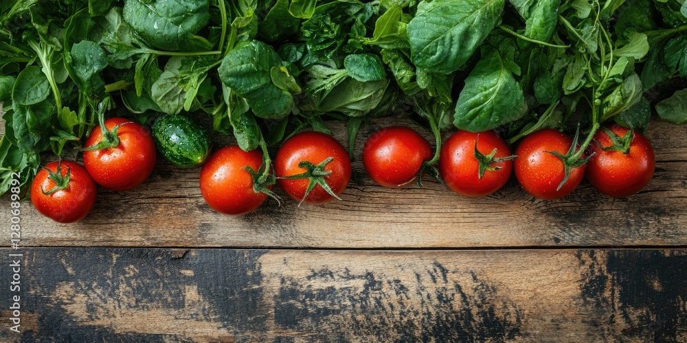 Poster fresh red tomatoes arranged in a row with vibrant green spinach on a rustic wooden surface, enhancin