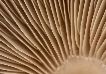 Abstract close-up of mushroom gills in soft beige tones with delicate textures