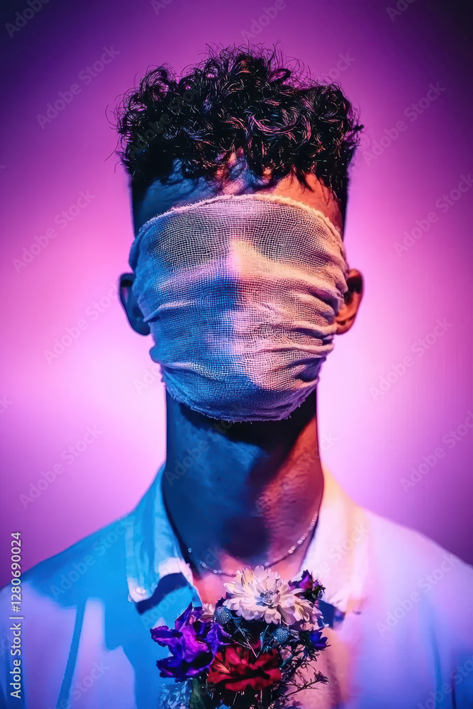 Poster exploring complexity: a thought-provoking portrait of identity and emotion adorned with flowers agai