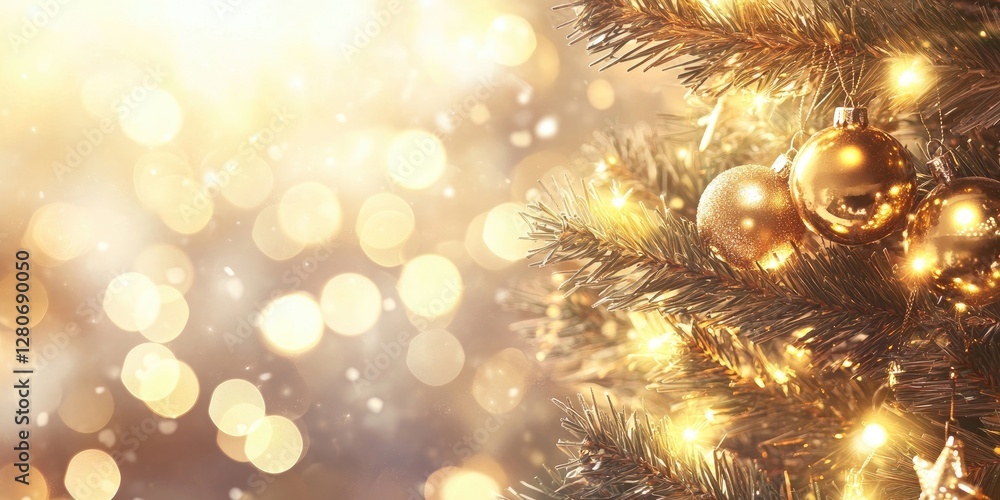 Poster festive golden bokeh lights illuminate a christmas tree with shiny ornaments on the right and a shim