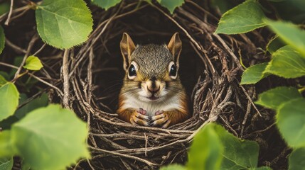 A baby squirrel emerging from its nest, eyes wide with curiosity, surrounded by fresh spring leaves