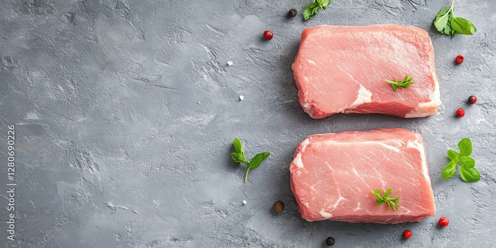 Poster fresh raw pork tenderloin fillet neatly arranged on a gray textured surface with vibrant green herbs