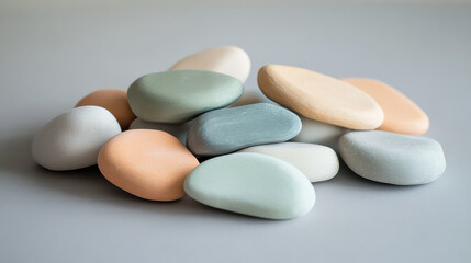 Fototapeta premium A photograph of hand-crafted clay stones in muted pastel colors, such as peach, seafoam green