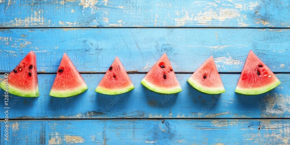 Poster vibrant watermelon slices arranged symmetrically on a rustic blue wooden background evoke summer fre