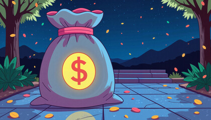 Glowing money bag on marble floor at night, wealth symbolism