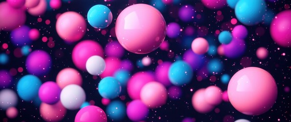 A vibrant array of colorful spheres in shades of pink, blue, and white, set against a dark background, creating an energetic and dynamic visual effect.