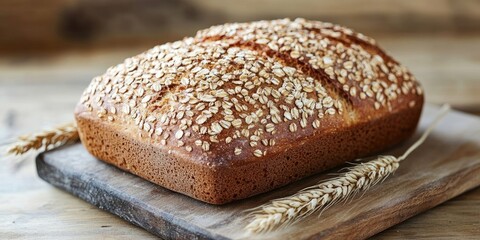 Freshly baked oatmeal bread loaf on wooden cutting board with wheat stalks, warm brown tones, golden crust, rustic kitchen setting.
